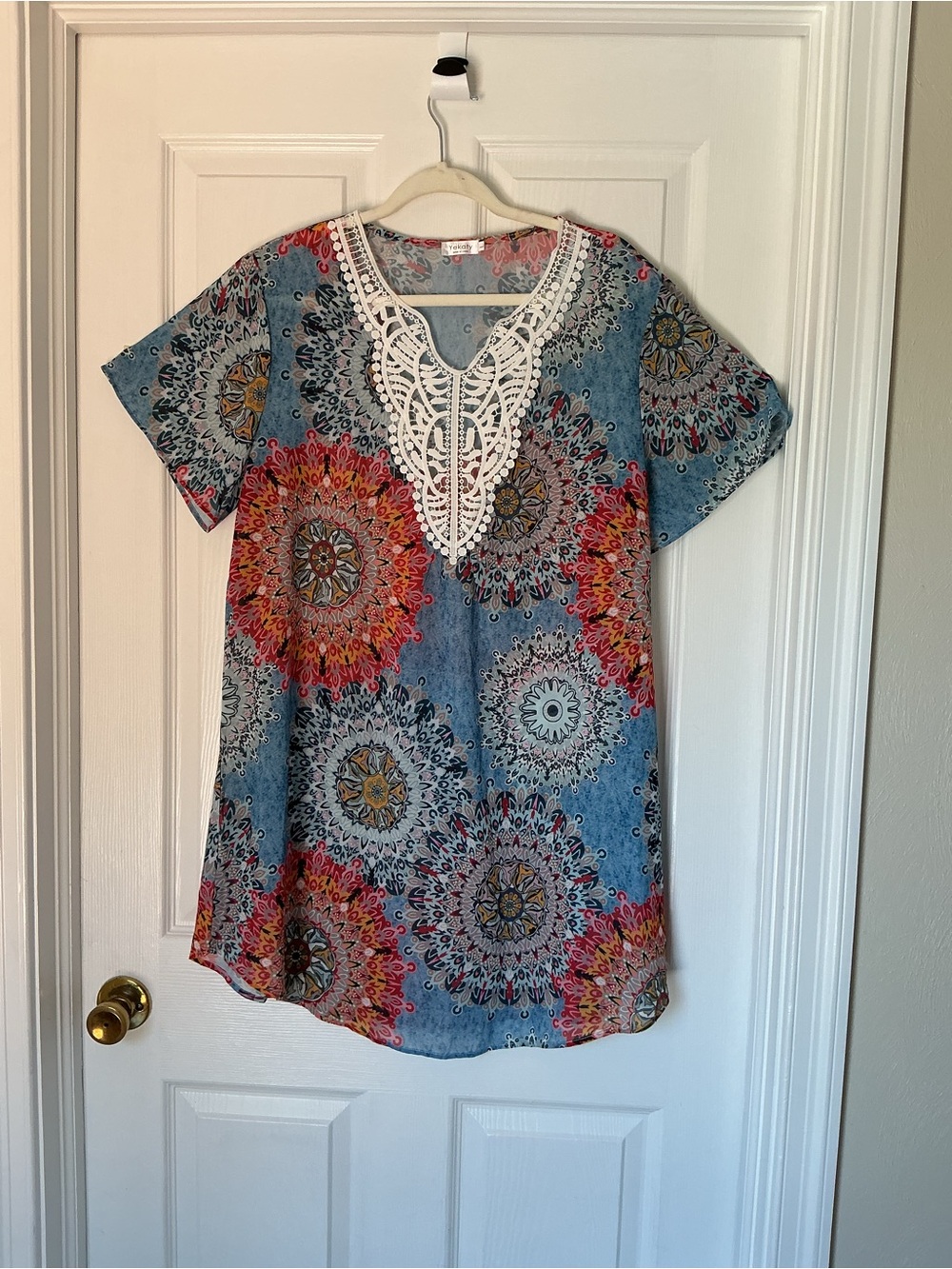 Crochet-Trim Blue Medallion Swim Coverup